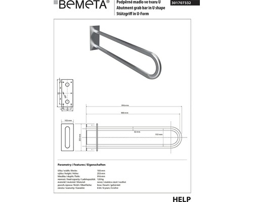 Bemeta podpěrné madlo ve tvaru U, rozměry a detaily