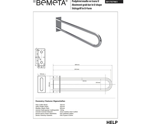 Bemeta podpěrné madlo ve tvaru U, rozměry a informace o materiálu
