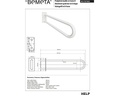 Bemeta podpěrné madlo ve tvaru U zobrazení produktu s rozměry