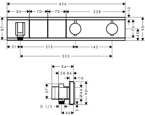 Rozměrový nákres koupelnového produktu s podrobnými rozměry