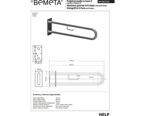 Madlo ve tvaru U s držákem toaletního papíru z nerezové oceli, rozměry a detaily v technickém výkresu