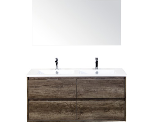 Koupelnový nábytkový set Porto 120 cm s keramickým dvojitým umyvadlem 4 zásuvky Nebraska dub Nebraska a zrcadlem