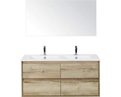 Koupelnový nábytkový set Porto 120 cm s keramickým dvojitým umyvadlem 4 zásuvky a zrcadlem dub přírodní