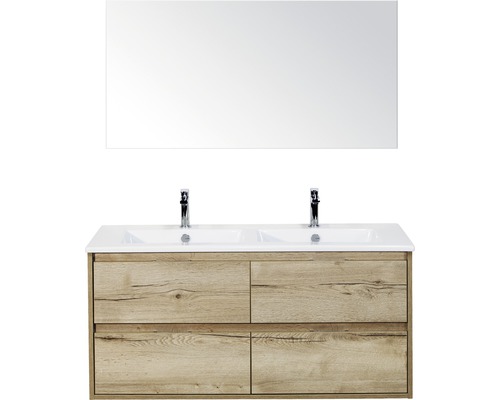Koupelnový nábytkový set Porto 120 cm s keramickým dvojitým umyvadlem 4 zásuvky a zrcadlem dub přírodní Koupelnový nábytkový set Porto 120 cm s keramickým dvojitým umyvadlem 4 zásuvky a zrcadlem dub přírodní