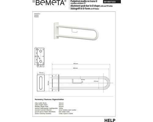 Technický nákres madla ve tvaru U Bemeta s držákem