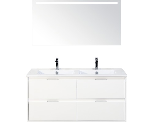 Koupelnový nábytkový set Porto 120 cm s keramickým dvojitým umyvadlem 4 zásuvky bílá lesklá a zrcadlem s LED osvětlením