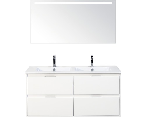Koupelnový nábytkový set Porto 120 cm s keramickým dvojitým umyvadlem 4 zásuvky bílá lesklá a zrcadlem s LED osvětlením Koupelnový nábytkový set Porto 120 cm s keramickým dvojitým umyvadlem 4 zásuvky bílá lesklá a zrcadlem s LED osvětlením