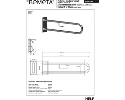 Technický výkres podpěrného madla Bemeta U s držákem toaletního papíru