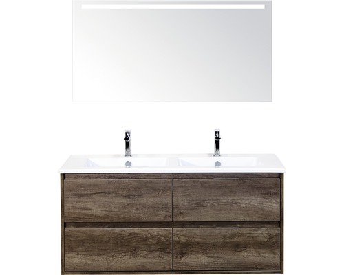 Koupelnový nábytkový set Porto 120 cm s keramickým dvojitým umyvadlem 4 zásuvky Nebraska dub Nebraska a zrcadlem s LED osvětlením