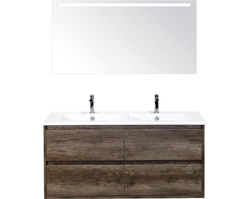 Koupelnový nábytkový set Porto 120 cm s keramickým dvojitým umyvadlem 4 zásuvky Nebraska dub Nebraska a zrcadlem s LED osvětlením Koupelnový nábytkový set Porto 120 cm s keramickým dvojitým umyvadlem 4 zásuvky Nebraska dub Nebraska a zrcadlem s LED osvětlením