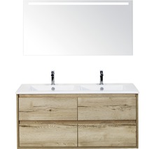 Koupelnový nábytkový set Porto 120 cm s keramickým dvojitým umyvadlem 4 zásuvky a zrcadlem s LED osvětlením dub přírodní