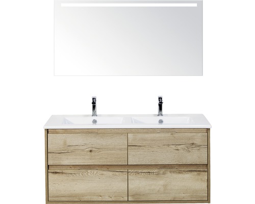 Koupelnový nábytkový set Porto 120 cm s keramickým dvojitým umyvadlem 4 zásuvky a zrcadlem s LED osvětlením dub přírodní