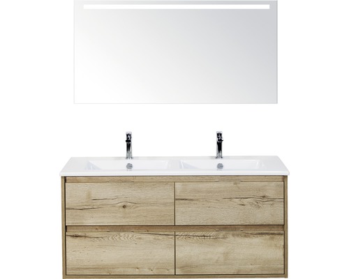 Koupelnový nábytkový set Porto 120 cm s keramickým dvojitým umyvadlem 4 zásuvky a zrcadlem s LED osvětlením dub přírodní Koupelnový nábytkový set Porto 120 cm s keramickým dvojitým umyvadlem 4 zásuvky a zrcadlem s LED osvětlením dub přírodní