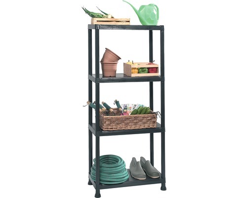 Plastový regál se čtyřmi úrovněmi pro uložení zahradního náčiní