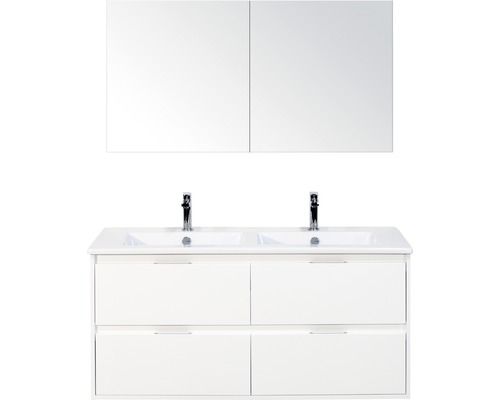 Koupelnový nábytkový set Porto 120 cm s keramickým dvojitým umyvadlem 4 zásuvky bílá lesklá a zrcadlovou skříňkou