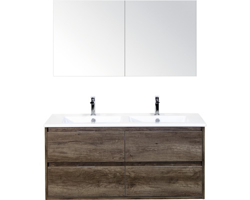 Koupelnový nábytkový set Porto 120 cm s keramickým dvojitým umyvadlem 4 zásuvky Nebraska dub Nebraska a zrcadlovou skříňkou