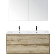 Koupelnový nábytkový set Porto 120 cm s keramickým dvojitým umyvadlem 4 zásuvky a zrcadlovou skříňkou dub přírodní