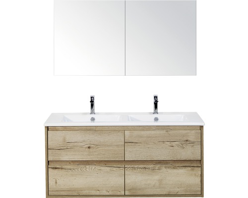 Koupelnový nábytkový set Porto 120 cm s keramickým dvojitým umyvadlem 4 zásuvky a zrcadlovou skříňkou dub přírodní