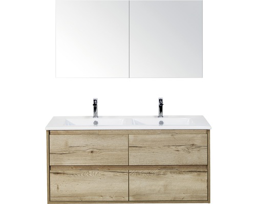 Koupelnový nábytkový set Porto 120 cm s keramickým dvojitým umyvadlem 4 zásuvky a zrcadlovou skříňkou dub přírodní Koupelnový nábytkový set Porto 120 cm s keramickým dvojitým umyvadlem 4 zásuvky a zrcadlovou skříňkou dub přírodní