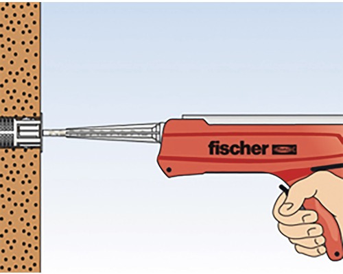 Ilustrace injekční pistole s tryskou zasunutou do zdi. Logo Fischer.