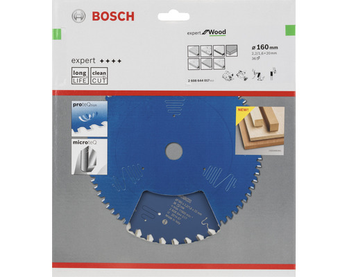 Logo společnosti Bosch. Pilový kotouč Bosch Expert Wood o průměru 160 milimetrů.