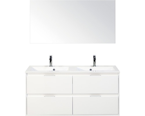 Koupelnový nábytkový set Porto 120 cm s dvojitým umyvadlem 4 zásuvky a zrcadlem bílá vysoce lesklá