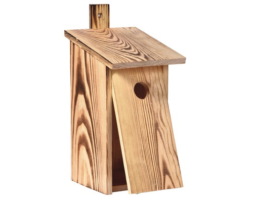 Dřevěná ptačí budka s odnímatelnou přední stranou a kulatým vchodovým otvorem