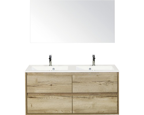 Koupelnový nábytkový set Porto 120 cm s dvojitým umyvadlem 4 zásuvky a zrcadlem dub přírodní