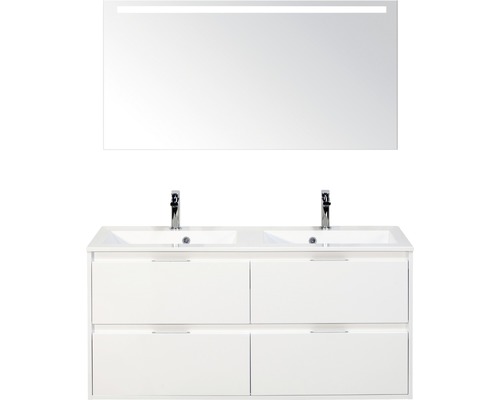 Koupelnový nábytkový set Porto 120 cm s dvojitým umyvadlem 4 zásuvky bílá lesklá a zrcadlem s LED osvětlením