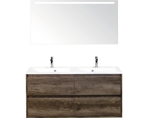 Koupelnový nábytkový set Porto 120 cm s dvojitým umyvadlem 4 zásuvky Nebraska dub Nebraska a zrcadlem s LED osvětlením