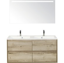 Koupelnový nábytkový set Porto 120 cm s dvojitým umyvadlem 4 zásuvky a zrcadlem s LED osvětlením dub přírodní