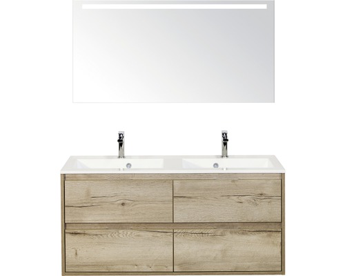 Koupelnový nábytkový set Porto 120 cm s dvojitým umyvadlem 4 zásuvky a zrcadlem s LED osvětlením dub přírodní