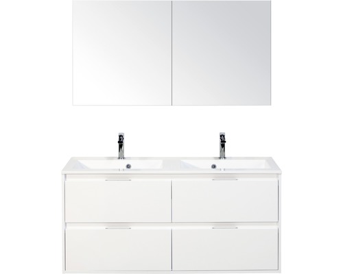 Koupelnový nábytkový set Porto 120 cm s dvojitým umyvadlem 4 zásuvky bílá lesklá a zrcadlovou skříňkou