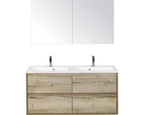 Koupelnový nábytkový set Porto 120 cm s dvojitým umyvadlem 4 zásuvky a zrcadlovou skříňkou dub přírodní