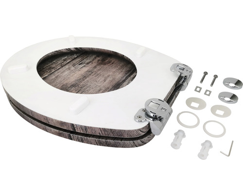 Toaletní sedátko s dekorem dřeva a upevňovacím materiálem