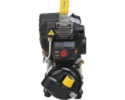 Černý vzduchový kompresor s manometrem a červeným knoflíkem