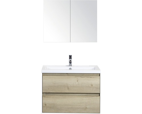 Koupelnový nábytkový set Evora 80 cm s keramickým umyvadlem a zrcadlovou skříňkou dub přírodní