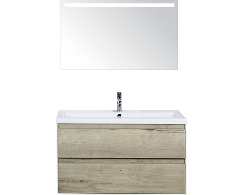 Koupelnový nábytkový set Evora 100 cm s keramickým umyvadlem a zrcadlem s LED osvětlením dub přírodní