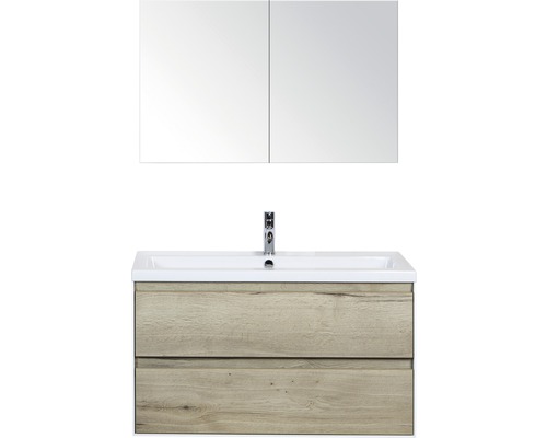 Koupelnový nábytkový set Evora 100 cm s keramickým umyvadlem a zrcadlovou skříňkou dub přírodní