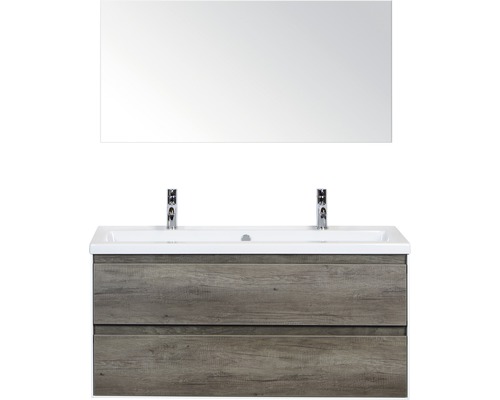 Koupelnový nábytkový set Evora 120 cm s keramickým umyvadlem 2 otvory na kohouty dub Nebraska a zrcadlem