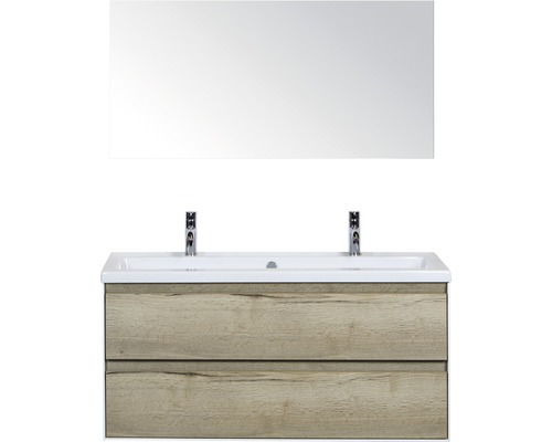 Koupelnový nábytkový set Evora 120 cm s keramickým umyvadlem 2 otvory na kohouty a zrcadlem dub přírodní