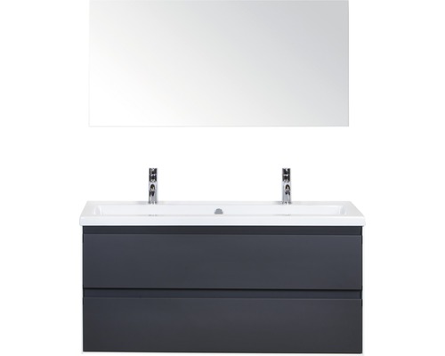 Koupelnový nábytkový set Evora 120 cm s keramickým umyvadlem 2 otvory na kohouty a zrcadlem antracitově šedá matná