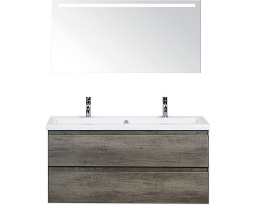 Koupelnový nábytkový set Evora 120 cm s keramickým umyvadlem 2 otvory na kohouty dub Nebraska a zrcadlem s LED osvětlením
