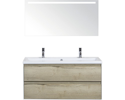 Koupelnový nábytkový set Evora 120 cm s keramickým umyvadlem 2 otvory na kohouty a zrcadlem s LED osvětlením dub přírodní