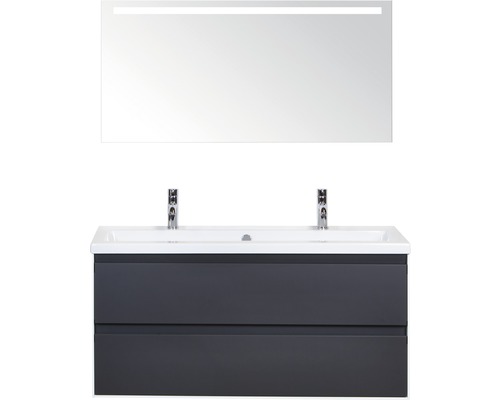 Koupelnový nábytkový set Evora 120 cm s keramickým umyvadlem 2 otvory na kohouty a zrcadlem s LED osvětlením antracitově šedá matná