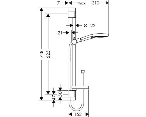 Technický nákres sprchové tyče s rozměry