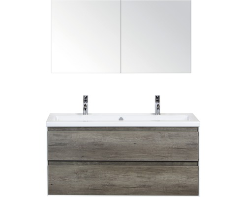 Koupelnový nábytkový set Evora 120 cm s keramickým umyvadlem 2 otvory na kohouty dub Nebraska a zrcadlovou skříňkou