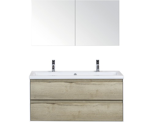 Koupelnový nábytkový set Evora 120 cm s keramickým umyvadlem 2 otvory na kohouty a zrcadlovou skříňkou dub přírodní