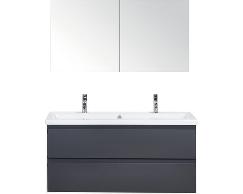 Koupelnový nábytkový set Evora 120 cm s keramickým umyvadlem 2 otvory na kohouty a zrcadlovou skříňkou antracitově šedá matná