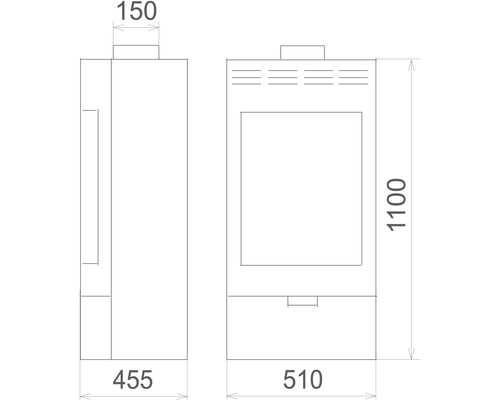 Technický nákres krbových kamen s rozměry